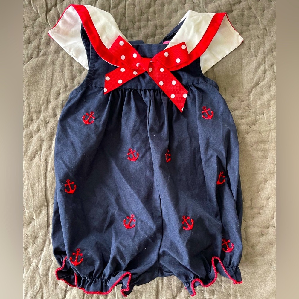 Good Lad Navy Blue Nautical Baby Romper Red Accents anchors romper 12 months